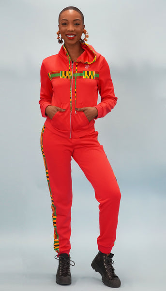 Ahenni Kente Print Tracksuit Set (Rose Red)